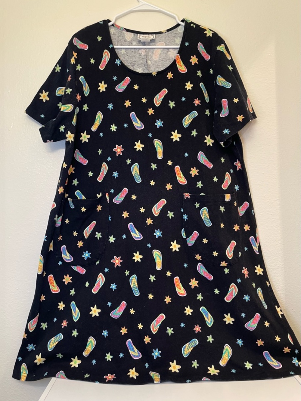 Vintage Jacqueline Studio Rayon Black A-Line Dress with Colorful Print Size XL